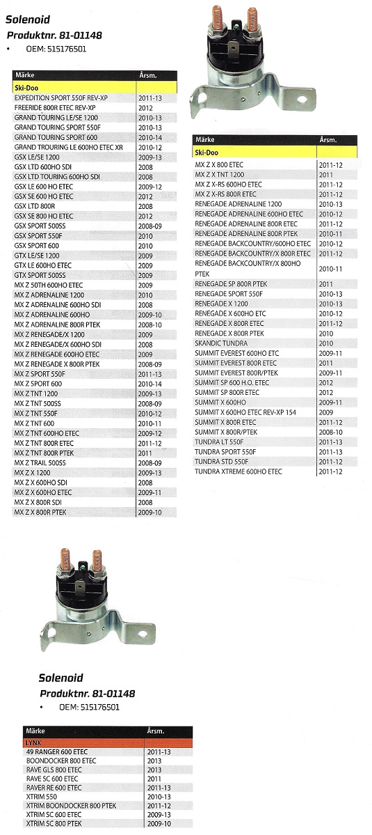 Solenoid - Startrelän Rek. tabell Snöskoter Arctic, Lynx, Polaris, Ski-Doo - 4