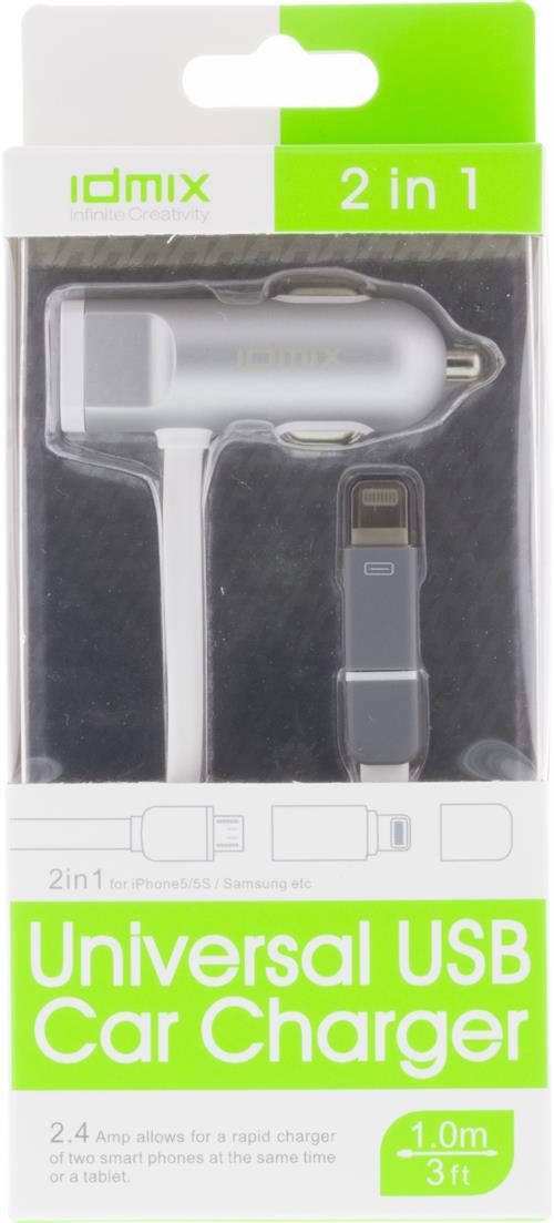 Idmix Billaddare med lightning & Micro-B kontakt, 2,4A, 1m - 2