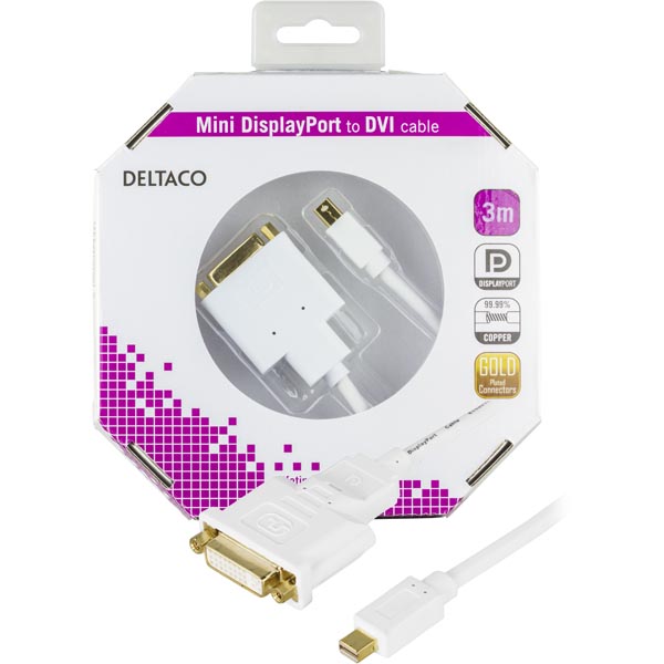 Deltaco mini DisplayPort till DVI-D Single Link monitorkabel, 3m, vit