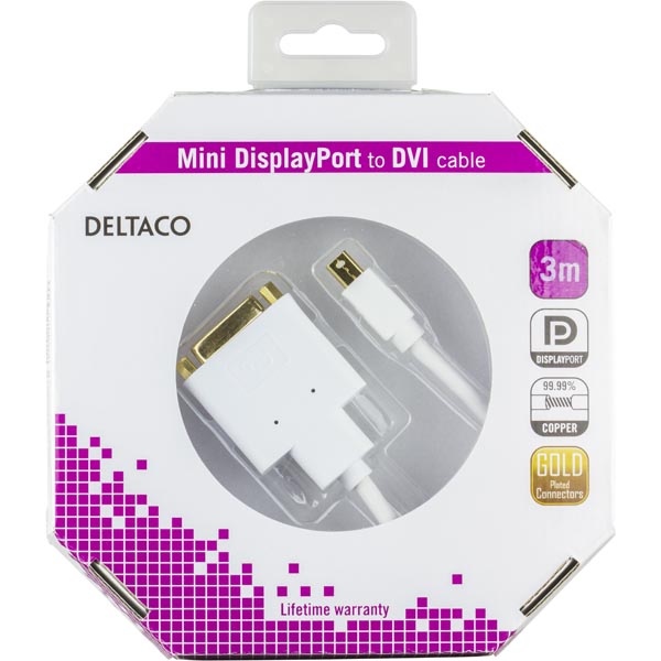 Deltaco mini DisplayPort till DVI-D Single Link monitorkabel, 3m, vit - 3