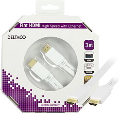 Deltaco HDMI-kabel, 4K, 3D, flat, guldpläterade kontakter, 3m, vit