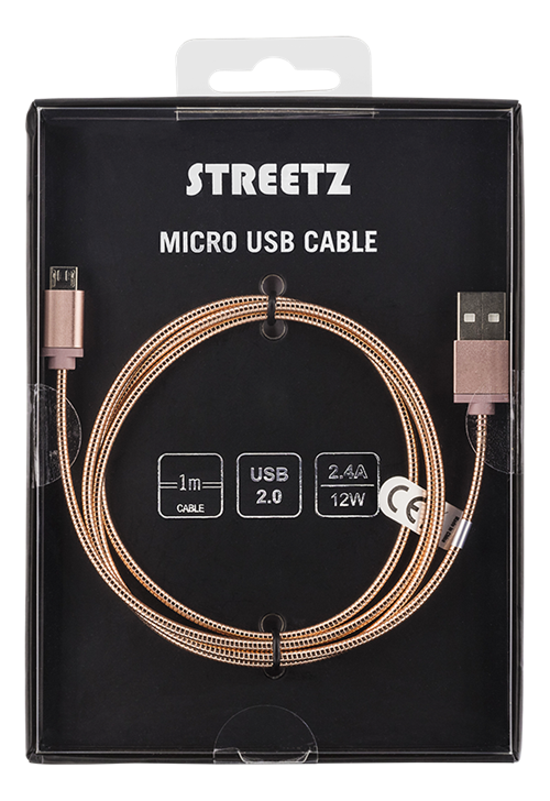 STREETZ USB-synk-/laddarkabel, metallklädd, 1m, Micro - Standard, rosé - 2
