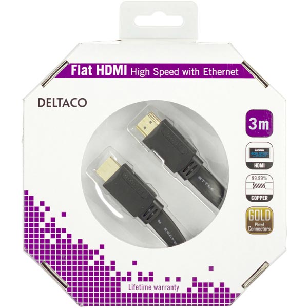 Deltaco HDMI-kabel, guldpläterade kontakter, 3m, 4K, 3D, flat, svart - 3
