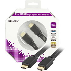 Deltaco HDMI-kabel, guldpläterade kontakter, 3m, 4K, 3D, flat, svart