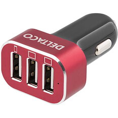 Deltaco strömadapter från cigguttag till USB, 5,1A, 3x USB Type A, 12-18V, svart/röd