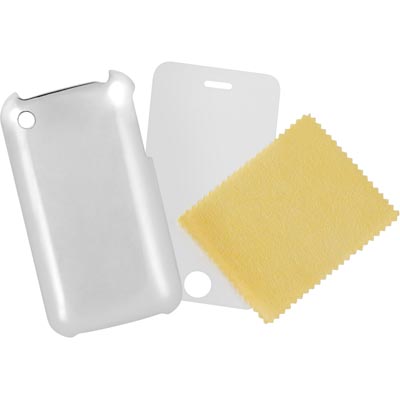 iPhone 3G/3Gs-kit med plastskal, skärmskydd och putsduk, metallic, silver