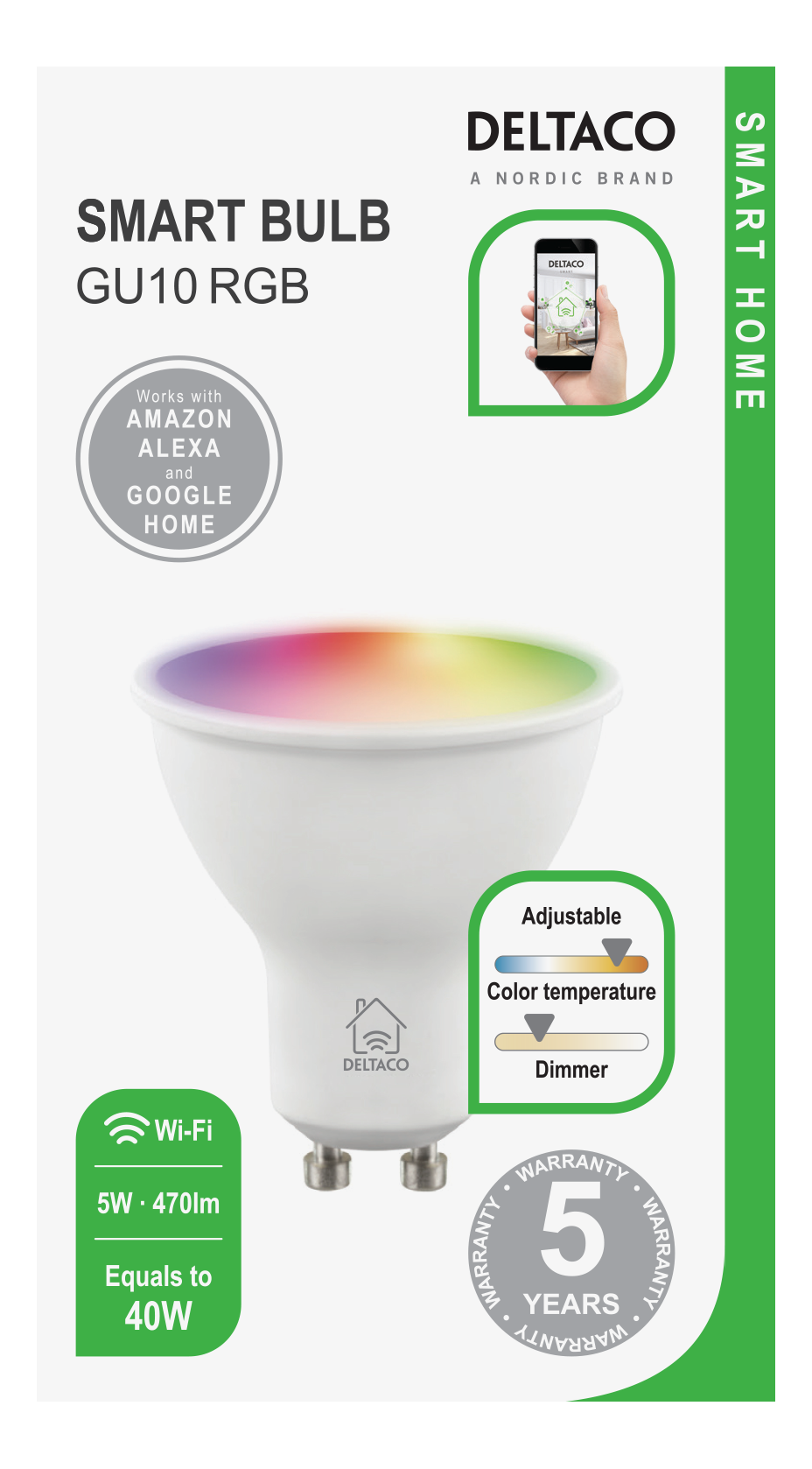 Deltaco Smart Home LED-lampa, GU10, WiFI 2,4GHz, 5W, dimbar, RGB - 2