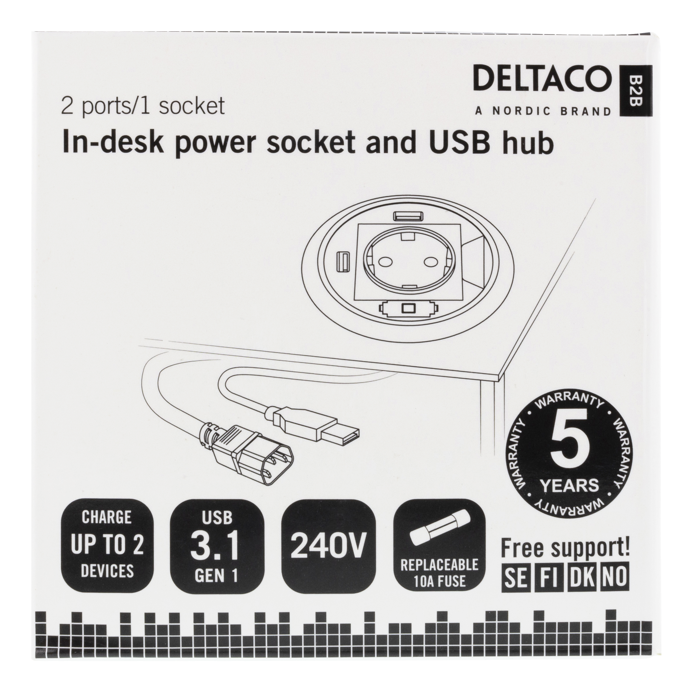 Deltaco Eluttag för skrivbordsmontering med USB Hub, 80mm, 2x USB-A-portar, USB 3.1 - 4