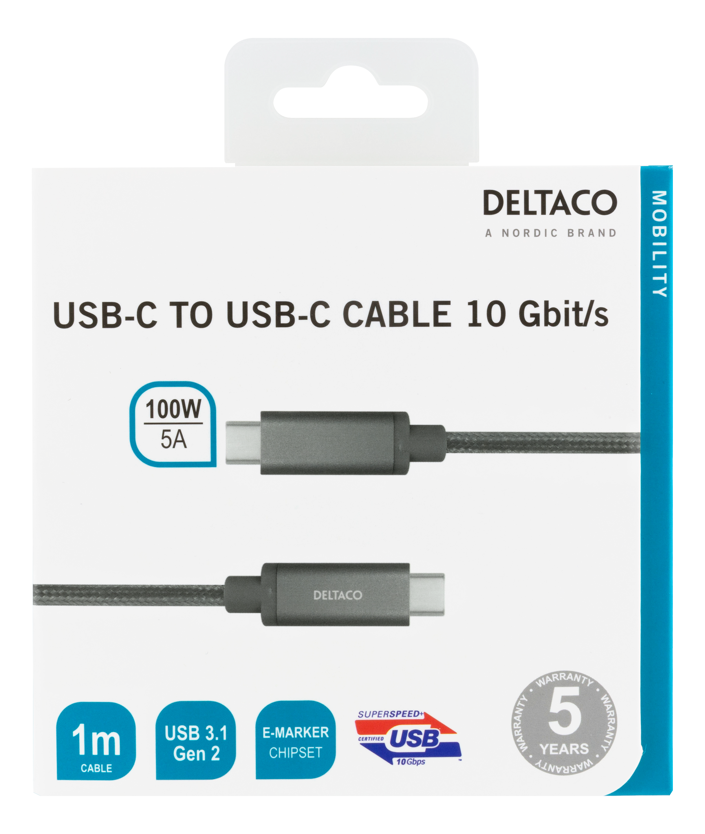 Deltaco USB-C SuperSpeed-kabel, 1 m, USB 3.2 Gen 2, 10 Gbps, 100W, grå - 2