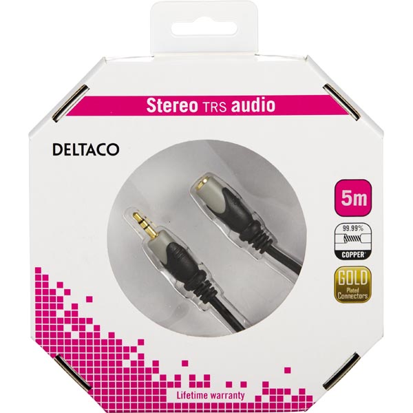 Deltaco Ljudkabel, 3,5mm ha - ho, guldplätterade kontakter, 5m - 3