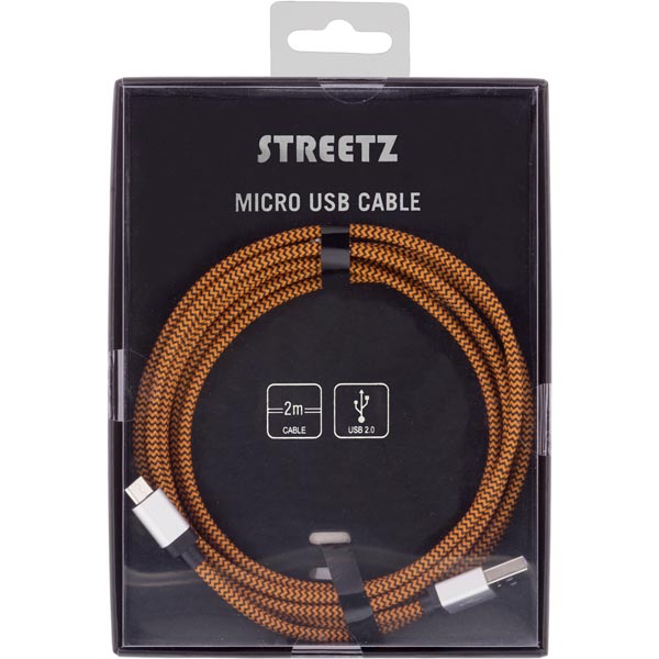 STREETZ USB-kabel, tygklädd, Typ A ha - Micro B ha, 2m, orange - 2