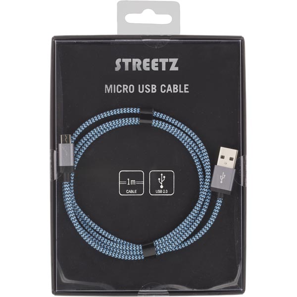 STREETZ USB-kabel, tygklädd, Typ A ha - Micro B ha, 1m, blå - 2