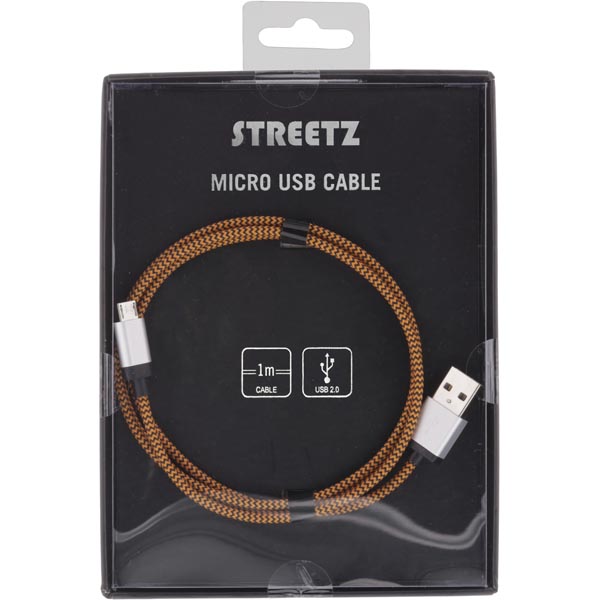 STREETZ USB-kabel, tygklädd, Typ A ha - Micro B ha, 1m, orange - 2