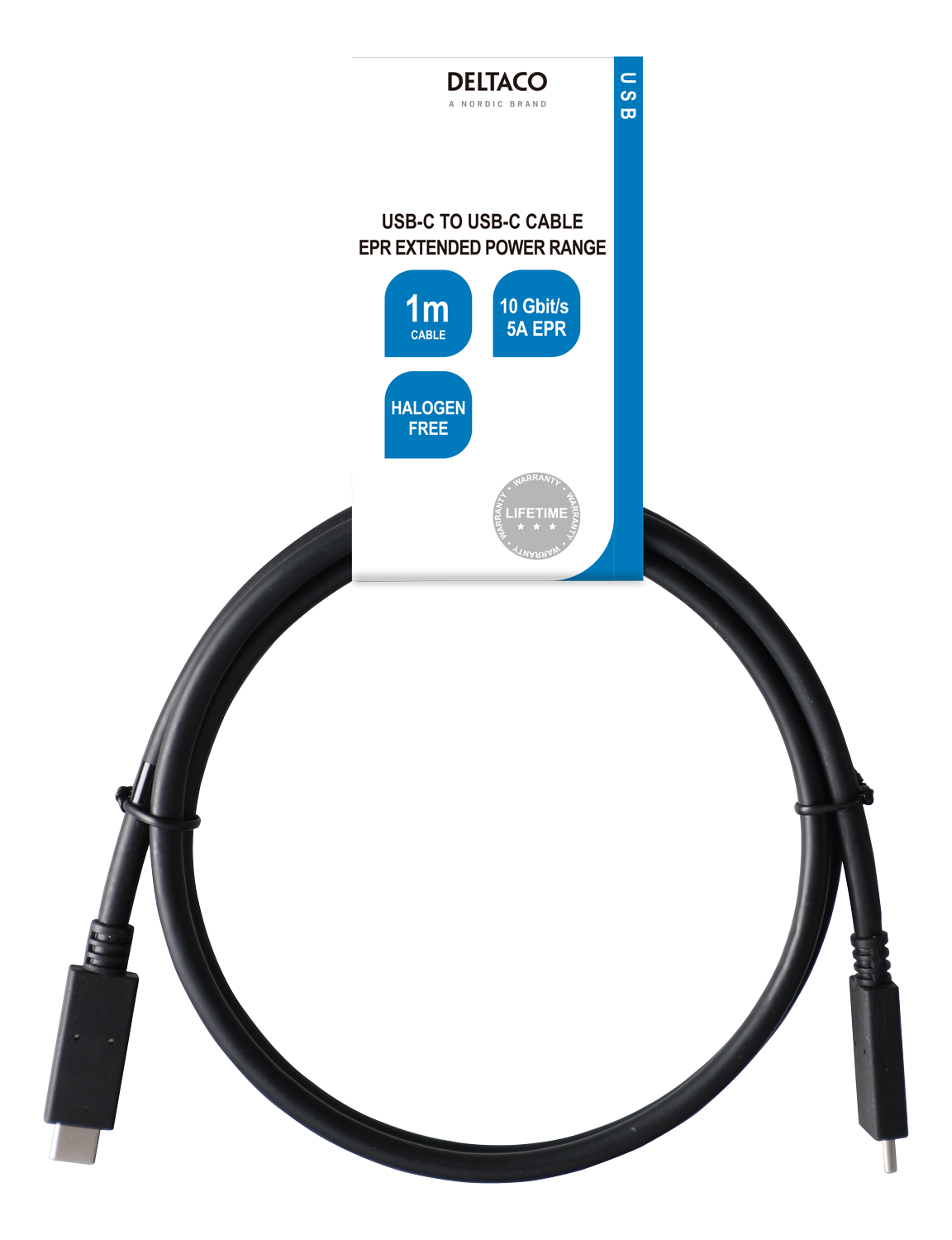 Deltaco USB3.2 gen2-kabel, USB-C - USB-C, 5A EPR, 1 m, svart - 3