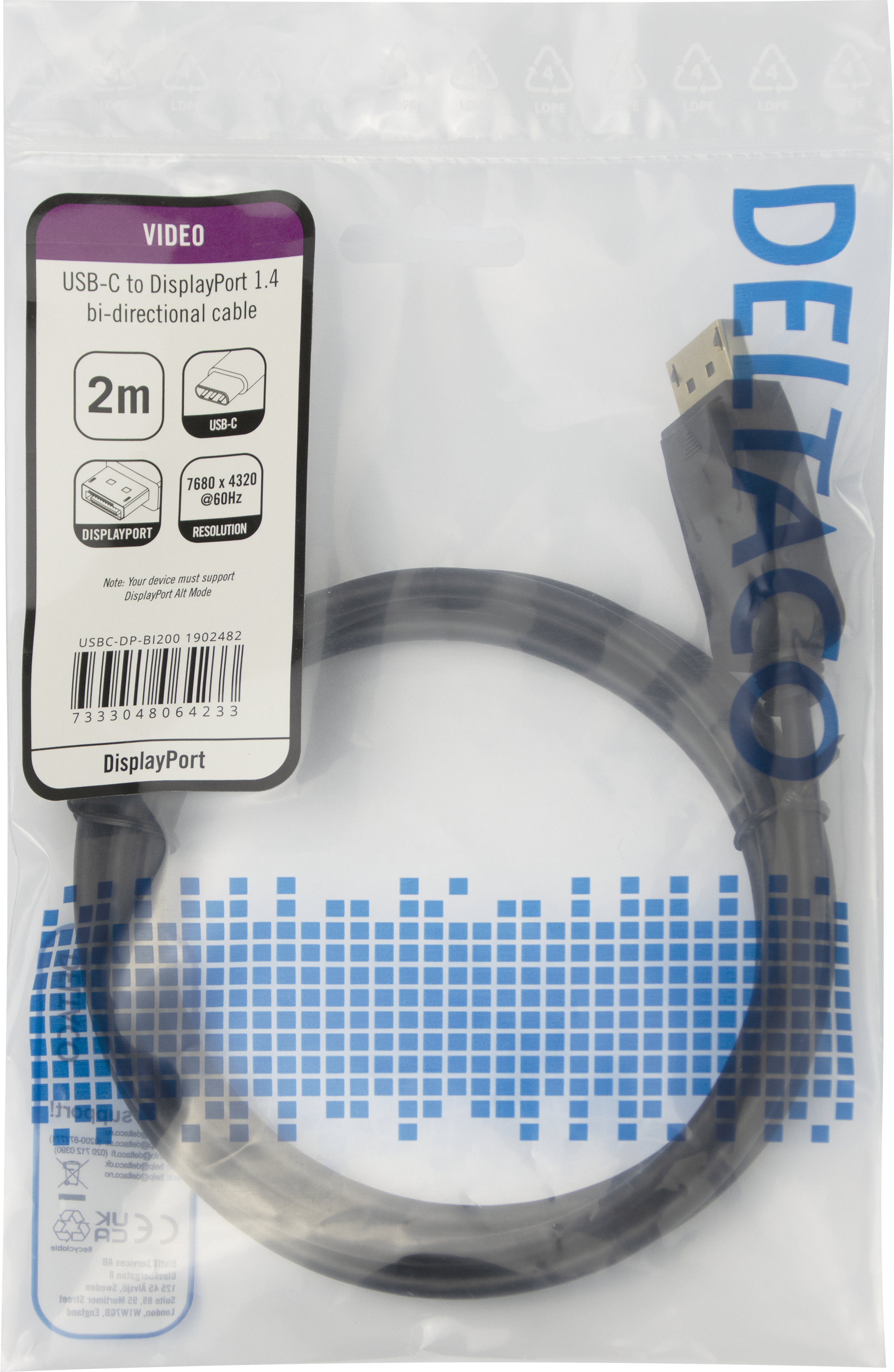 Deltaco 8K USB-C till DisplayPort kabel, dubbelriktad, 7680 x 4320 @ 30Hz, 2 m, svart - 3