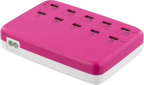 Deltaco USB-laddningsstation, 100-240V till 5V USB, 12A, 10xUSB-portar, rosa - 2