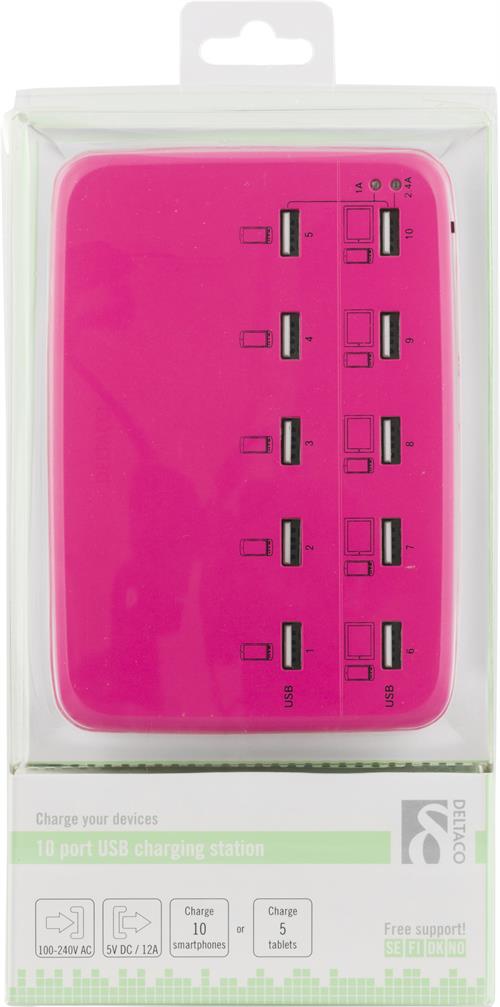 Deltaco USB-laddningsstation, 100-240V till 5V USB, 12A, 10xUSB-portar, rosa - 5