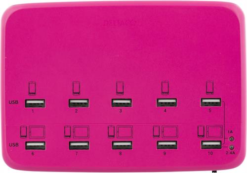 Deltaco USB-laddningsstation, 100-240V till 5V USB, 12A, 10xUSB-portar, rosa - 3