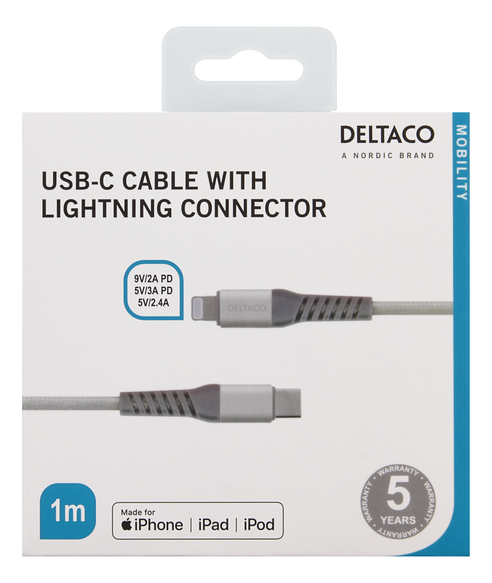 Deltaco USBC Typ A ha - Lightning ha, tygklädd, MFi, 1m, silver - 2