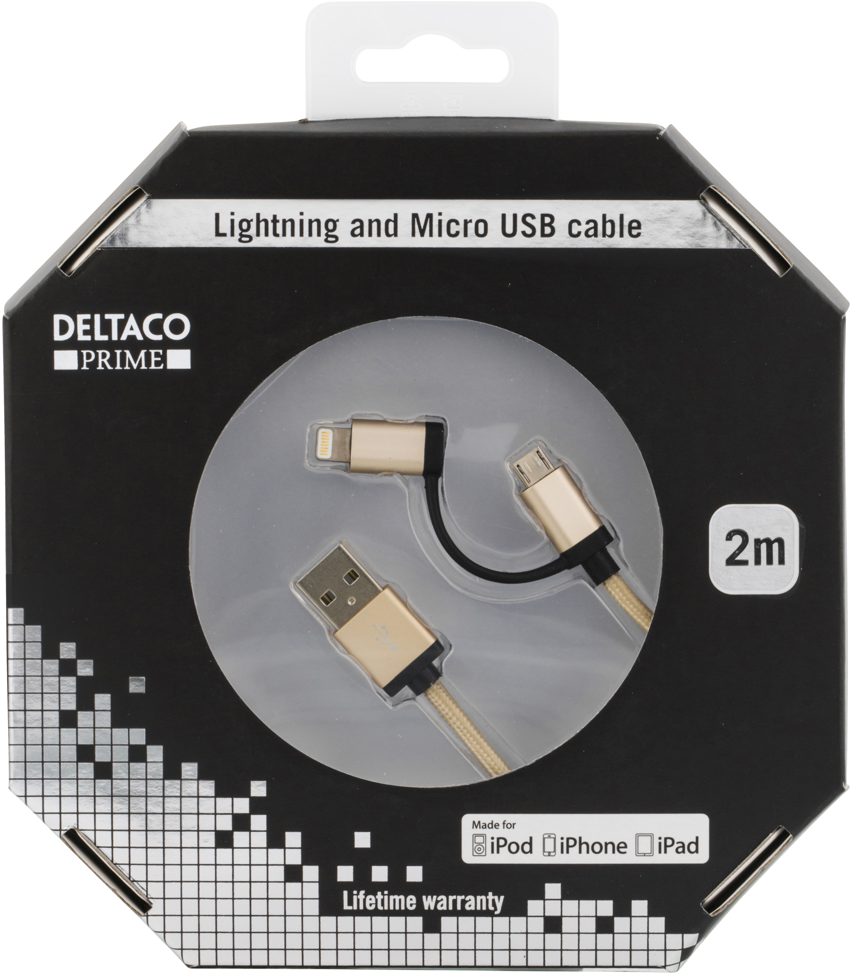 Deltaco Prime , USB Typ A ha - USB Micro B ha och lightning ha, 2m, guld - 2