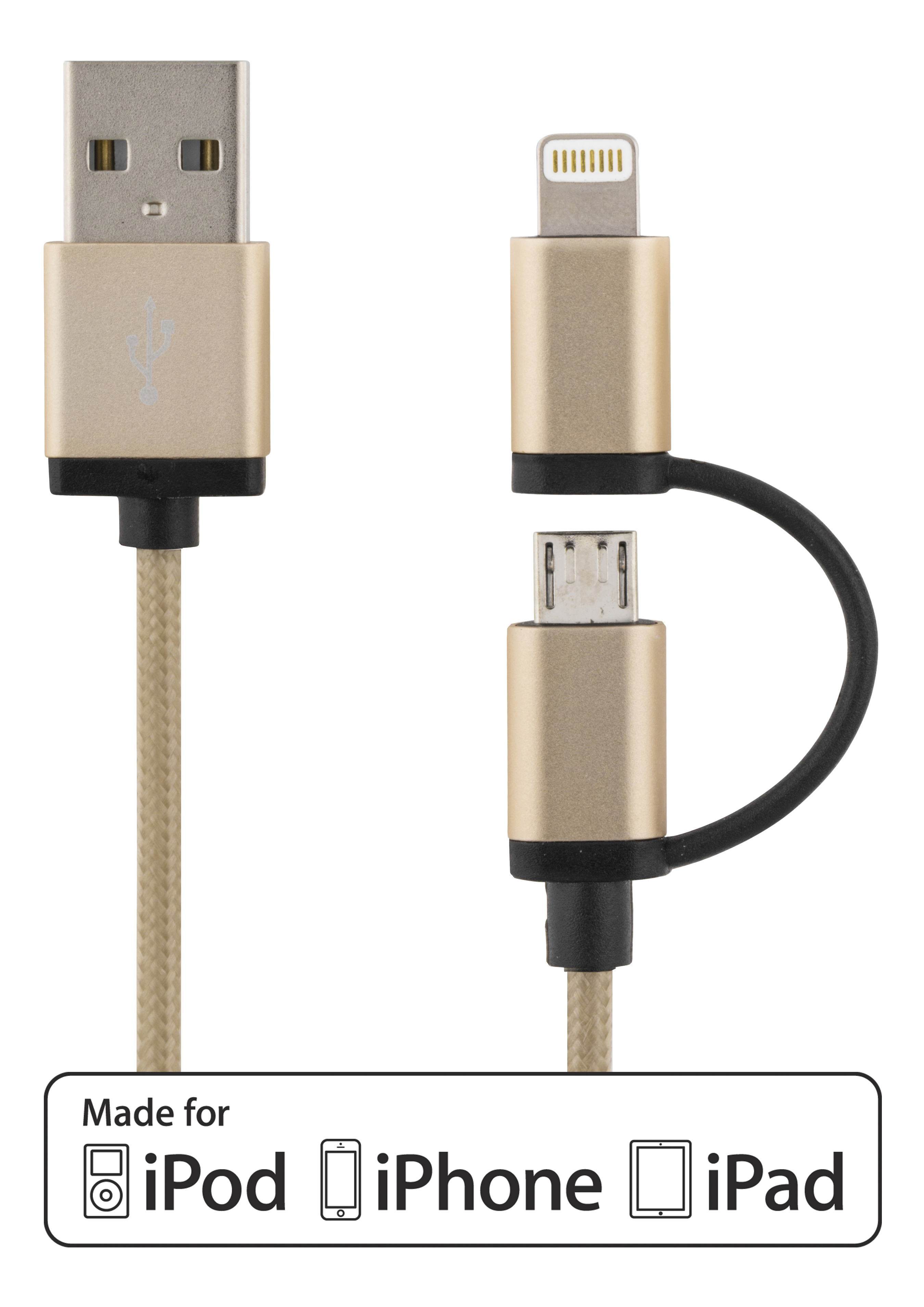 Deltaco Prime , USB Typ A ha - USB Micro B ha och lightning ha, 2m, guld