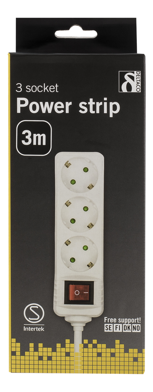 Deltaco Grenuttag med 3 uttag, central brytare, 3m kabel, vit - 3