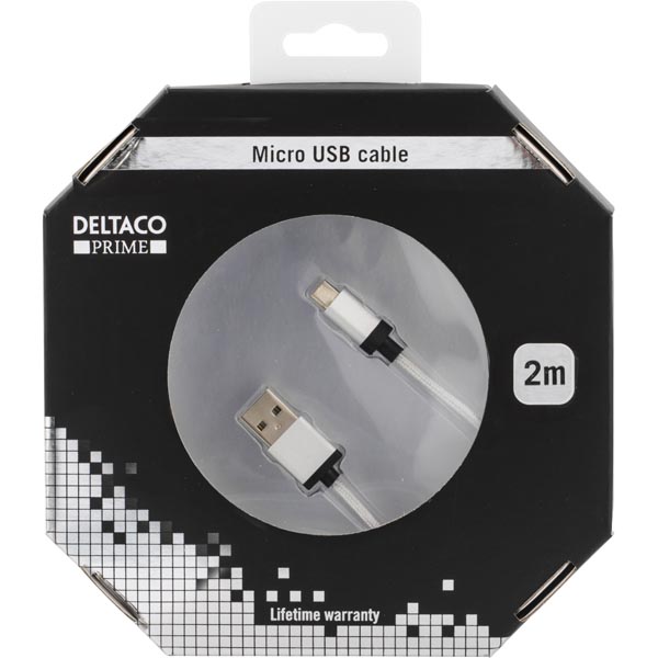 Deltaco Prime USB-kabel, tygklädd, Typ A ha - Micro B ha, 2m, silver - 2