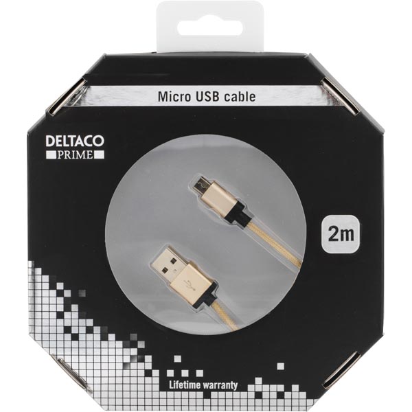 Deltaco Prime USB-kabel, tygklädd, Typ A ha - Micro B ha, 2m, guld - 2