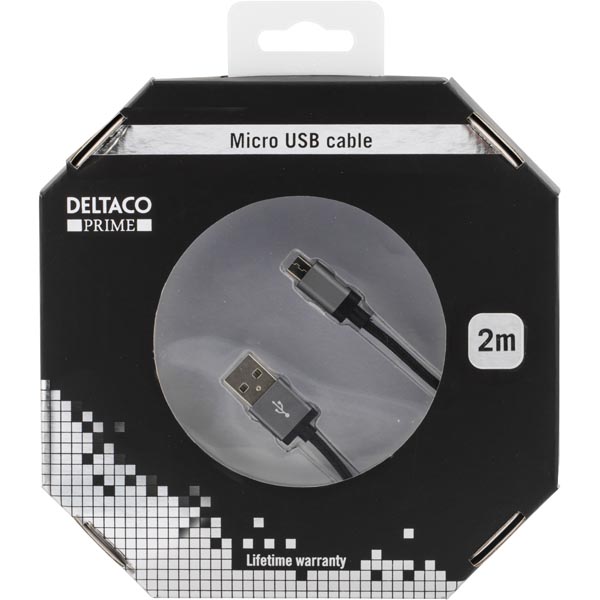 Deltaco Prime USB-kabel, tygklädd, Typ A ha - Micro B ha, 2m, svart - 2