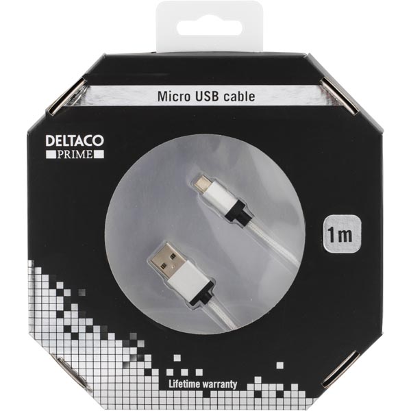 Deltaco Prime USB-kabel, tygklädd, Typ A ha - Micro B ha, 1m, silver - 2