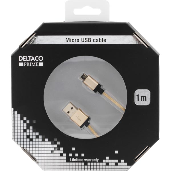 Deltaco Prime USB-kabel, tygklädd, Typ A ha - Micro B ha, 1m, guld - 2