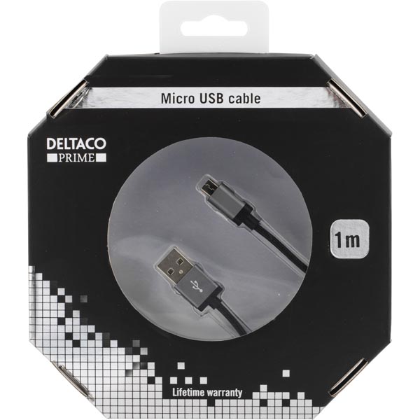 Deltaco Prime USB-kabel, tygklädd, Typ A ha - Micro B ha, 1m, svart - 2