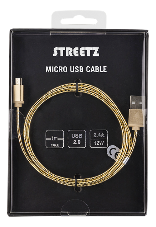 STREETZ USB-synk-/laddarkabel, metallklädd, 1m, Micro - Standard, guld - 2