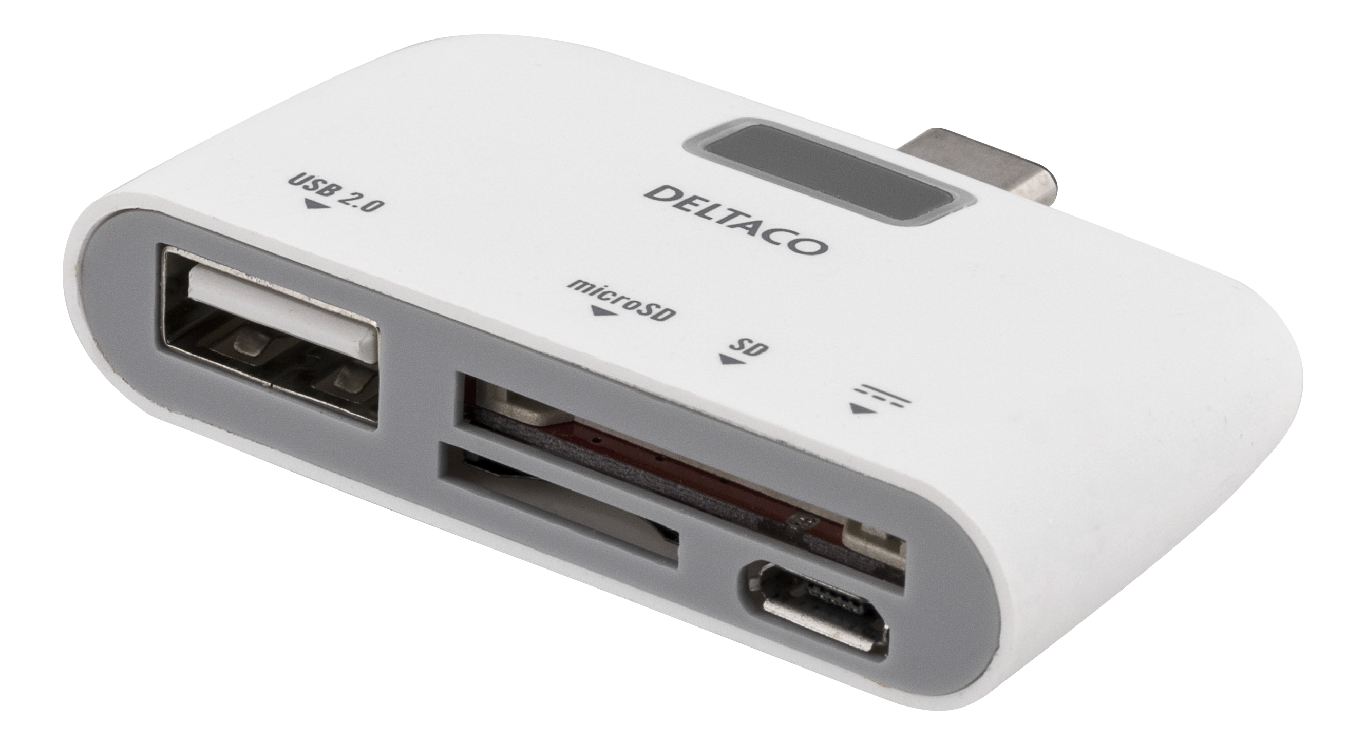 Deltaco USB-C SD-kortläsare och laddningsport, OTG, USB-A 2.0 480 Mbps, vit