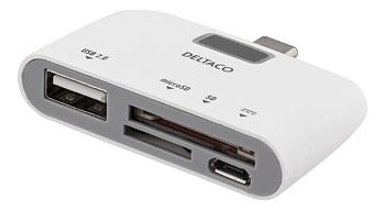 Deltaco USB-C SD-kortläsare och laddningsport, OTG, USB-A 2.0 480 Mbps, vit