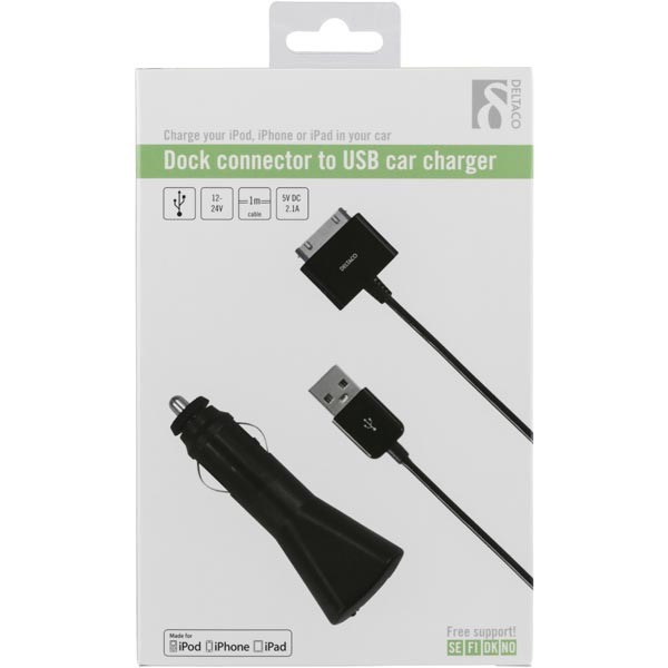 Deltaco Strömadapter från cigguttag till USB-synk-/laddarkabel, 2,1A, MFi, 1m, svart - 3