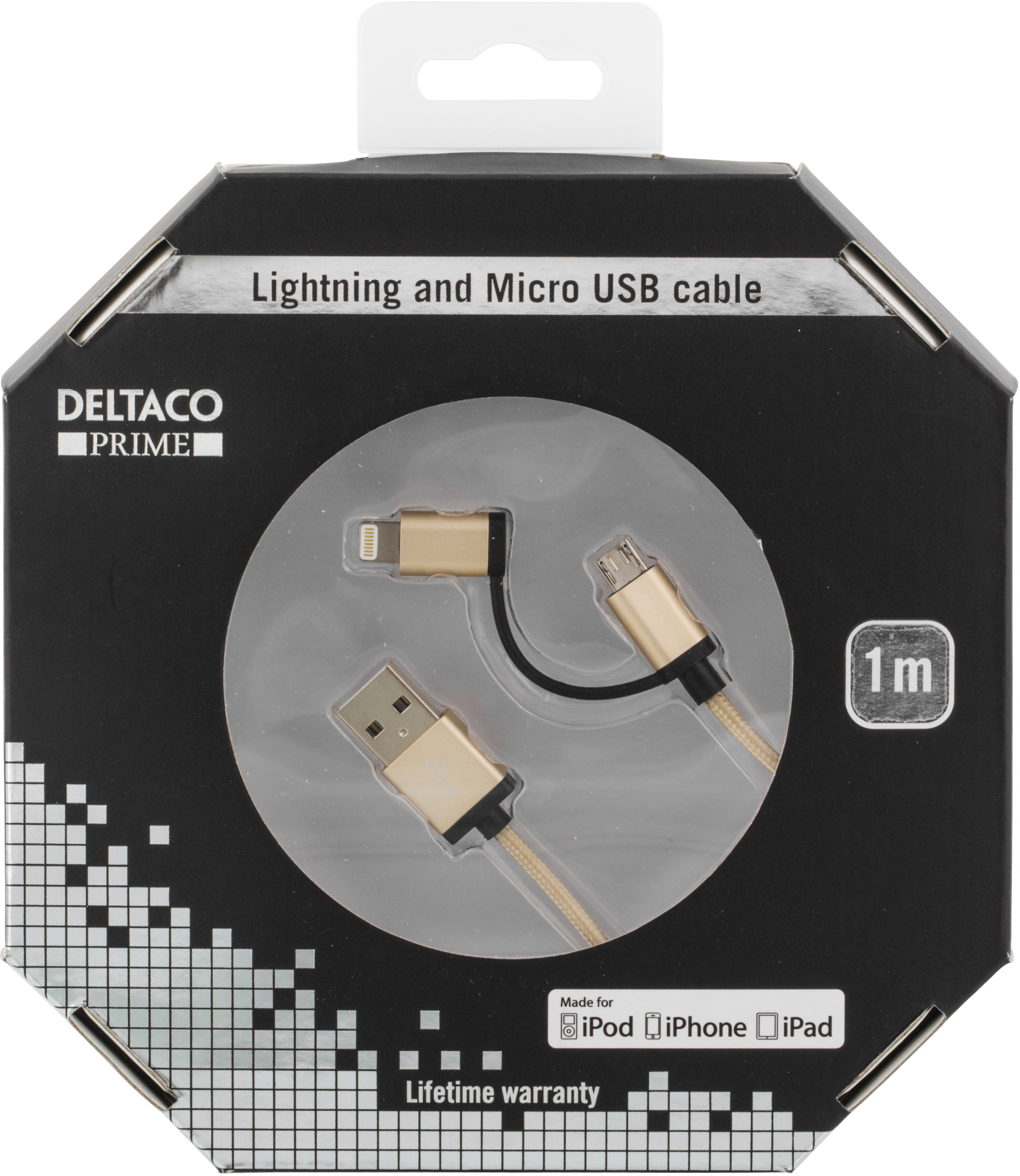 Deltaco Prime ,  USB Typ A ha - USB Micro B ha och lightning ha, 1m, guld - 2