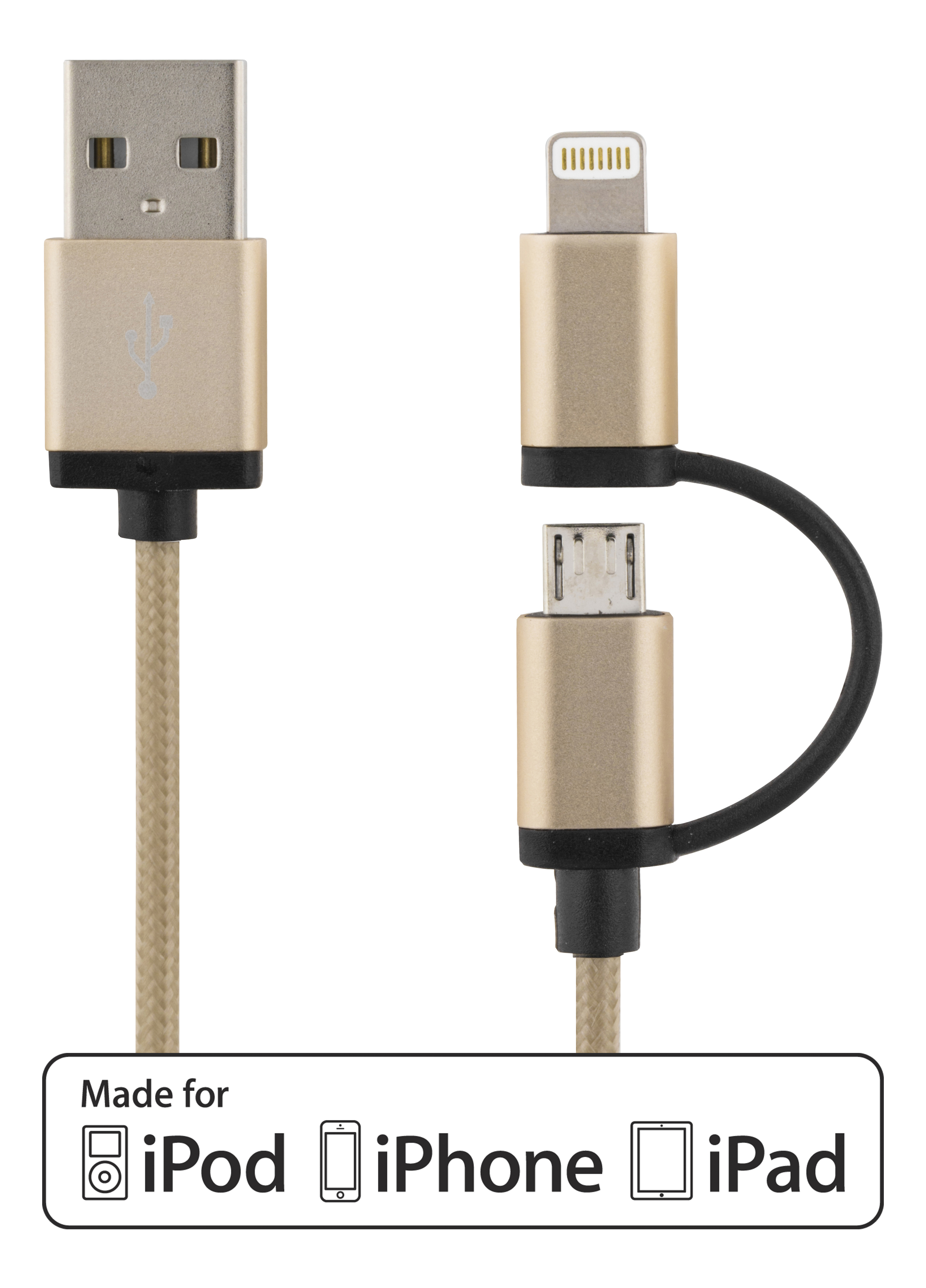 Deltaco Prime ,  USB Typ A ha - USB Micro B ha och lightning ha, 1m, guld