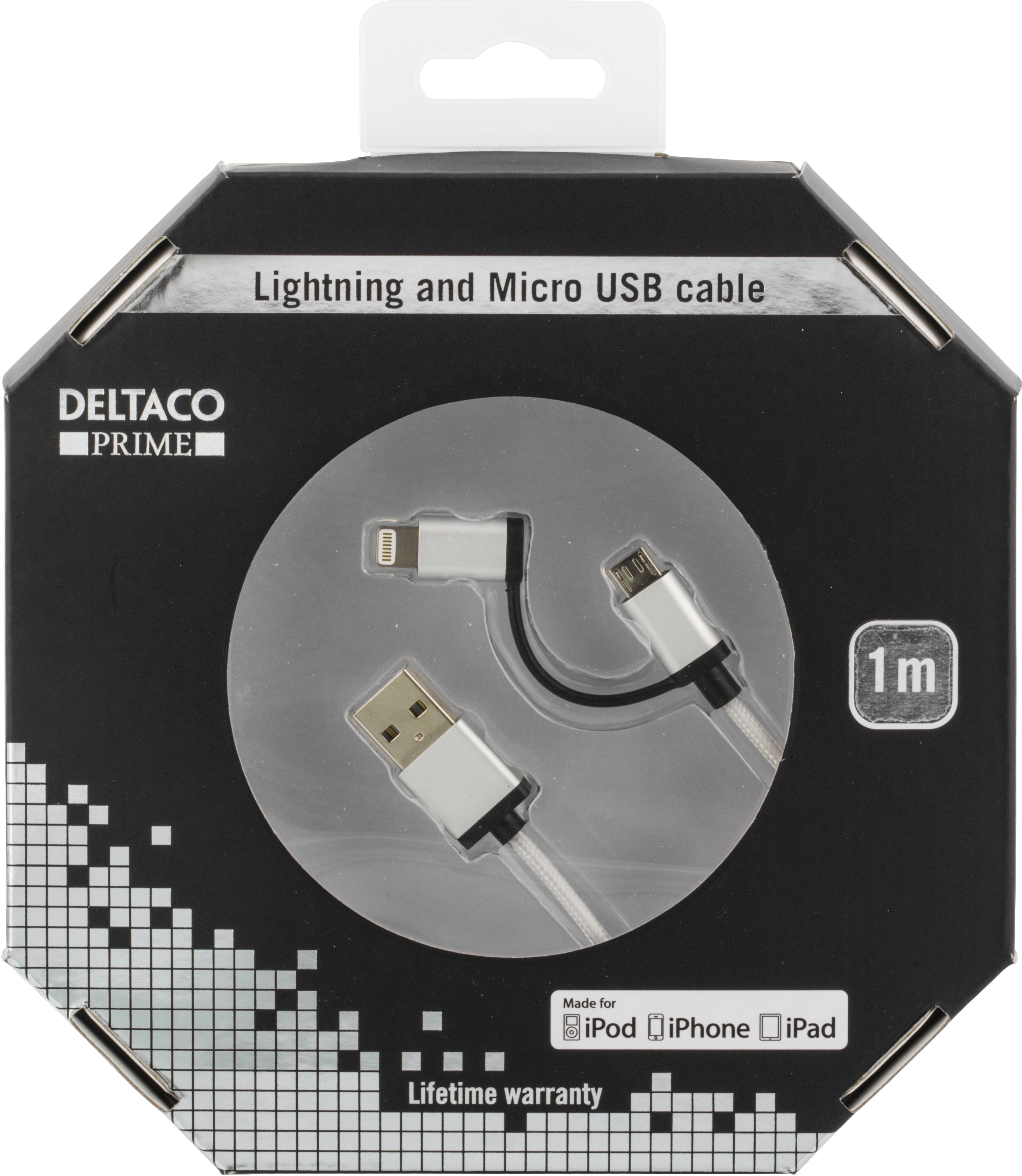 Deltaco Prime ,  USB Typ A ha - USB Micro B ha och lightning ha, 1m, silver - 2