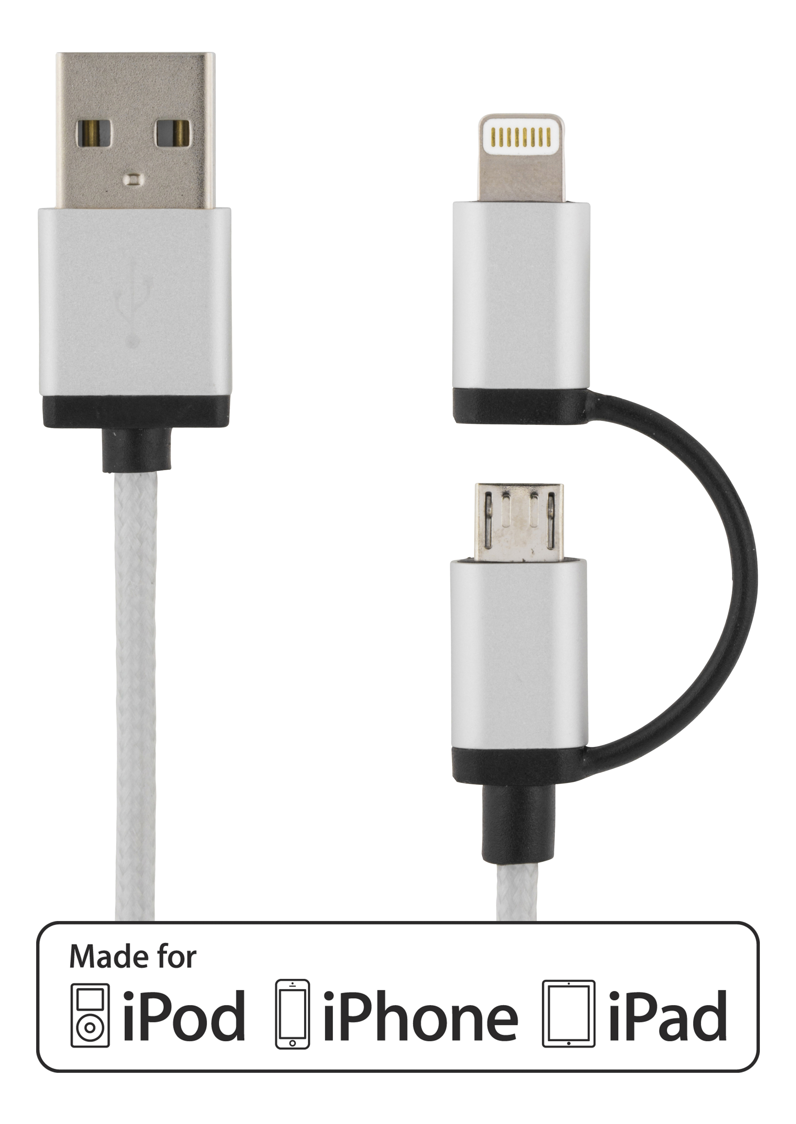 Deltaco Prime ,  USB Typ A ha - USB Micro B ha och lightning ha, 1m, silver