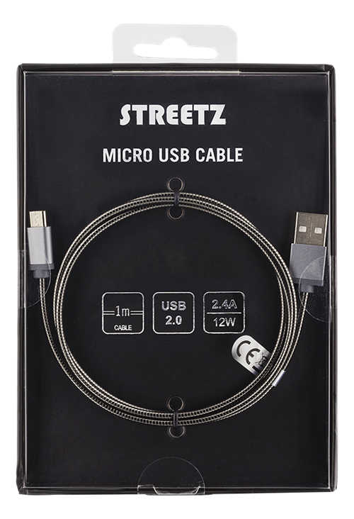 STREETZ USB-synk-/laddarkabel, metallklädd, 1m, Micro - Standard, grå - 2