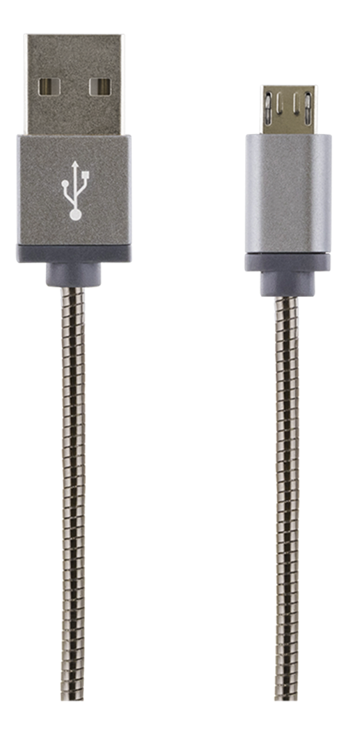 STREETZ USB-synk-/laddarkabel, metallklädd, 1m, Micro - Standard, grå
