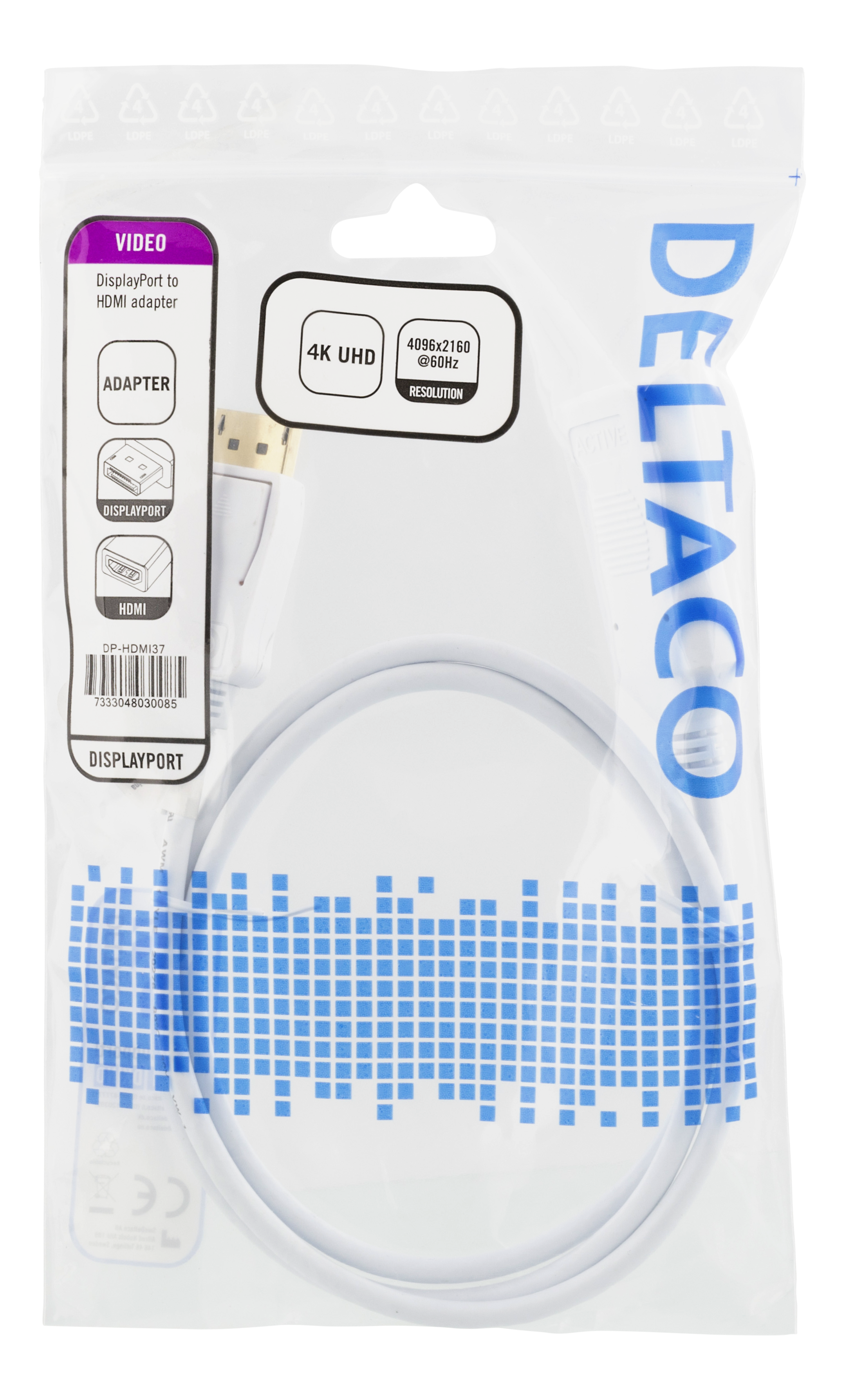Deltaco DisplayPort till HDMI 2.0b, 4K@60Hz, aktiv, HDCP 2.2, 3D, 1m, vit - 2