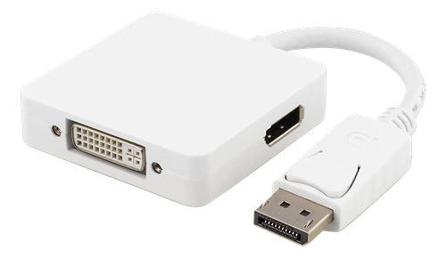 Deltaco, DisplayPort till DVI/HDMI/DisplayPort adapter, Ultra HD i 60Hz, 0,2m, vit