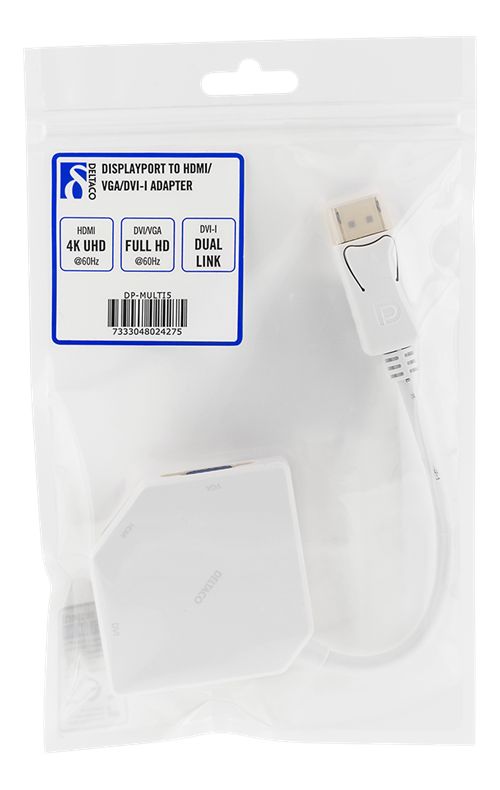 Deltaco, DisplayPort till DVI/HDMI/DisplayPort adapter, Ultra HD i 60Hz, 0,2m, vit - 3