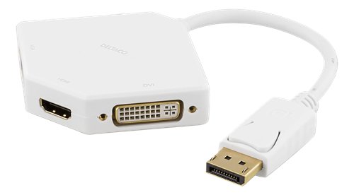 Deltaco, DisplayPort till DVI/HDMI/DisplayPort adapter, Ultra HD i 60Hz, 0,2m, vit