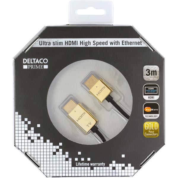 Deltaco Prime HDMI-kabel, 3m, 4K, 3D, ultratunn, svart/guld - 3