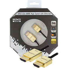 Deltaco Prime HDMI-kabel, 3m, 4K, 3D, ultratunn, svart/guld