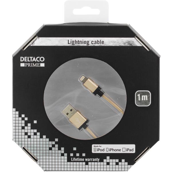 Deltaco USB Typ A ha - Lightning ha, tygklädd, MFi, 1m, guld - 2
