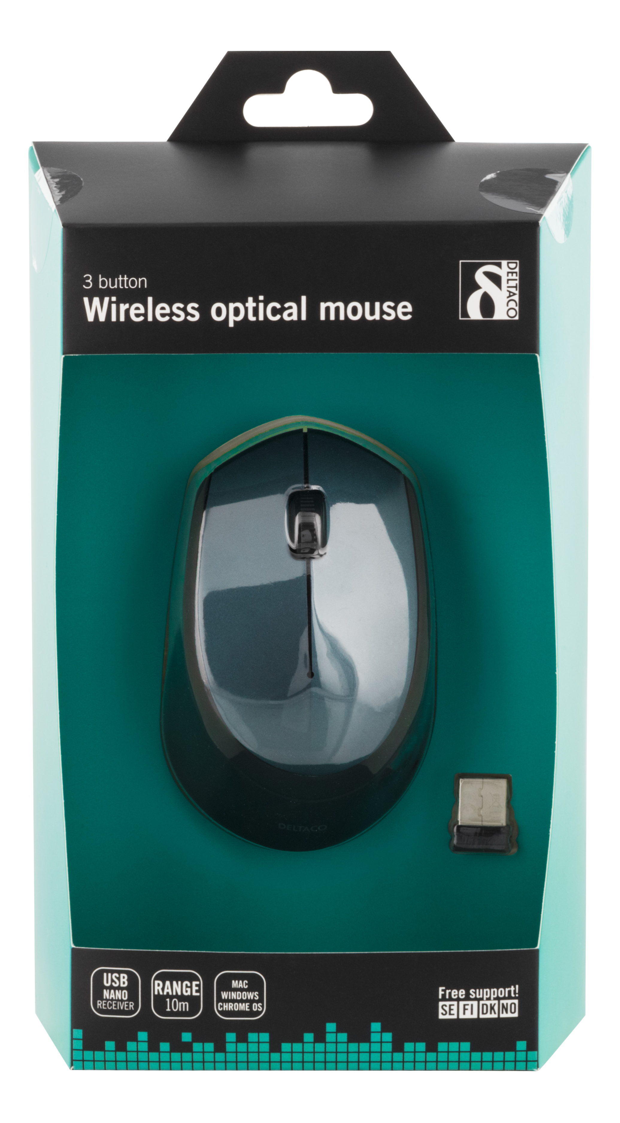 Deltaco trådlös optisk mus, 2,4GHz, 3 knappar med scroll, 1200 DPI, USB nano-mottagare, grön - 4